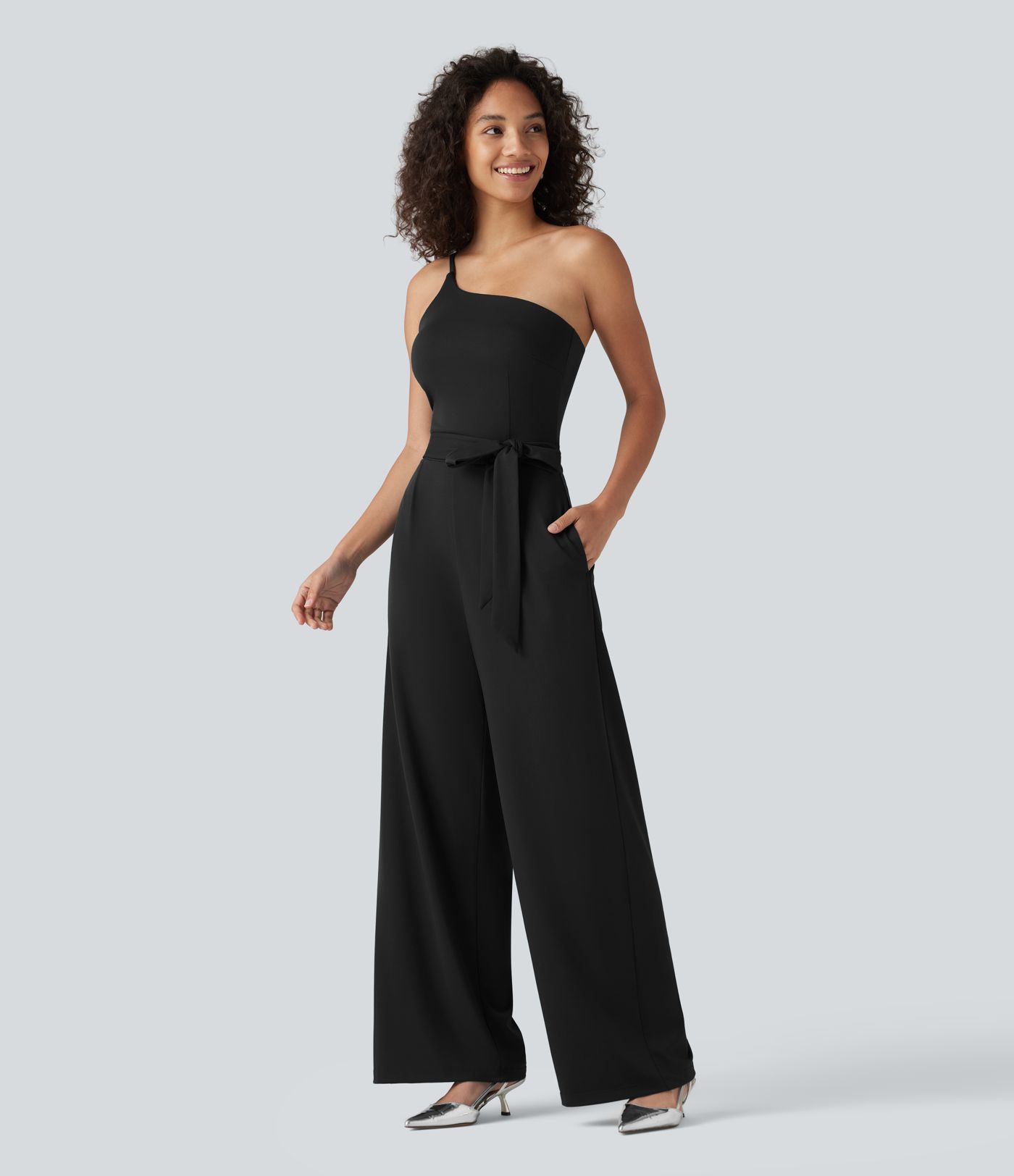 One Shoulder Sleeveless Belted Built-in Bra Party Jumpsuit with Pockets- Easy Peezy