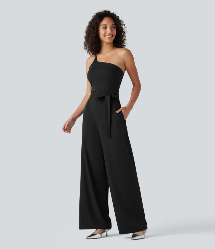 One Shoulder Sleeveless Belted Built-in Bra Party Jumpsuit with Pockets- Easy Peezy