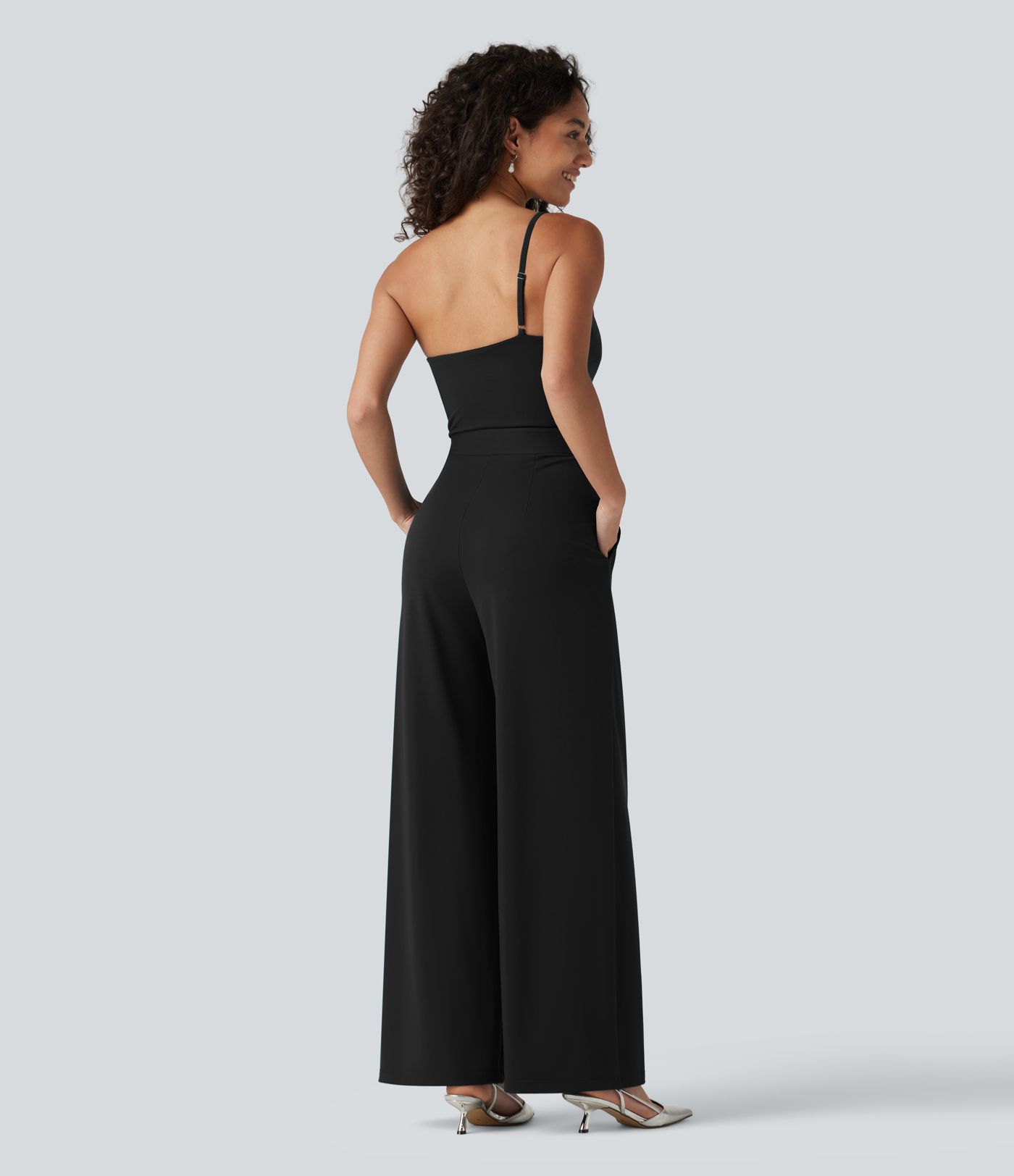 One Shoulder Sleeveless Belted Built-in Bra Party Jumpsuit with Pockets- Easy Peezy