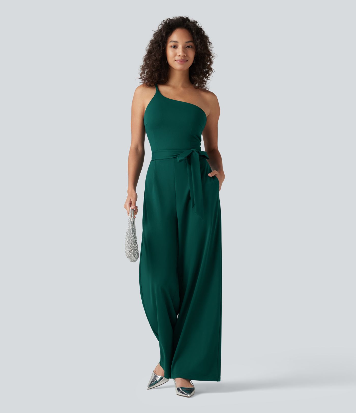 Combinaison de soirée à une épaule, sans manches, ceinturée, avec soutien-gorge intégré et poches - Simple comme bonjour