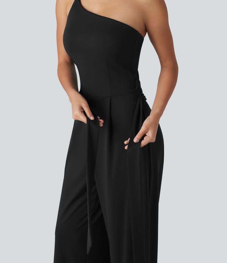 One Shoulder Sleeveless Belted Built-in Bra Party Jumpsuit with Pockets- Easy Peezy