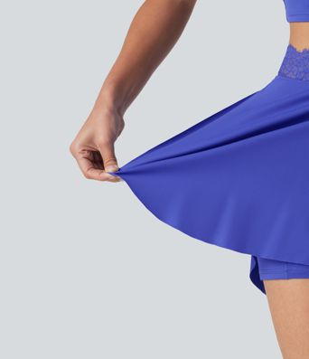 SoftlyZero™ Airy High Waisted Contrast Lace Curved Split Hem 2-in-1 Mini Tennis Skirt with Pockets-UPF50+