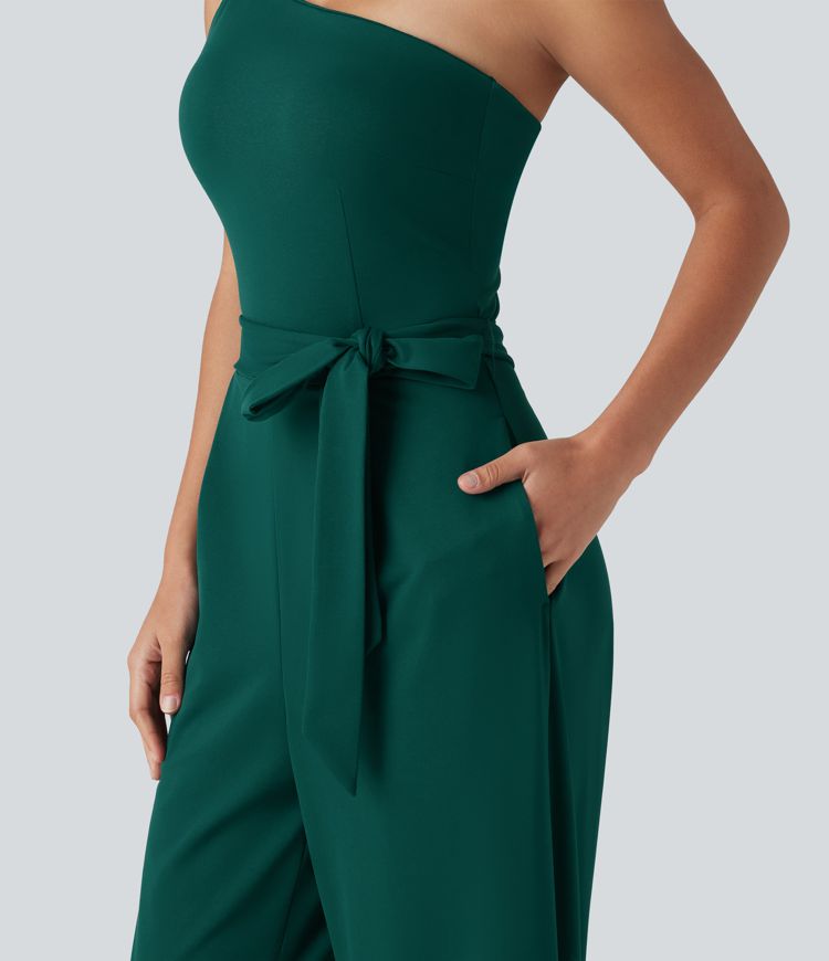 Combinaison de soirée à une épaule, sans manches, ceinturée, avec soutien-gorge intégré et poches - Simple comme bonjour