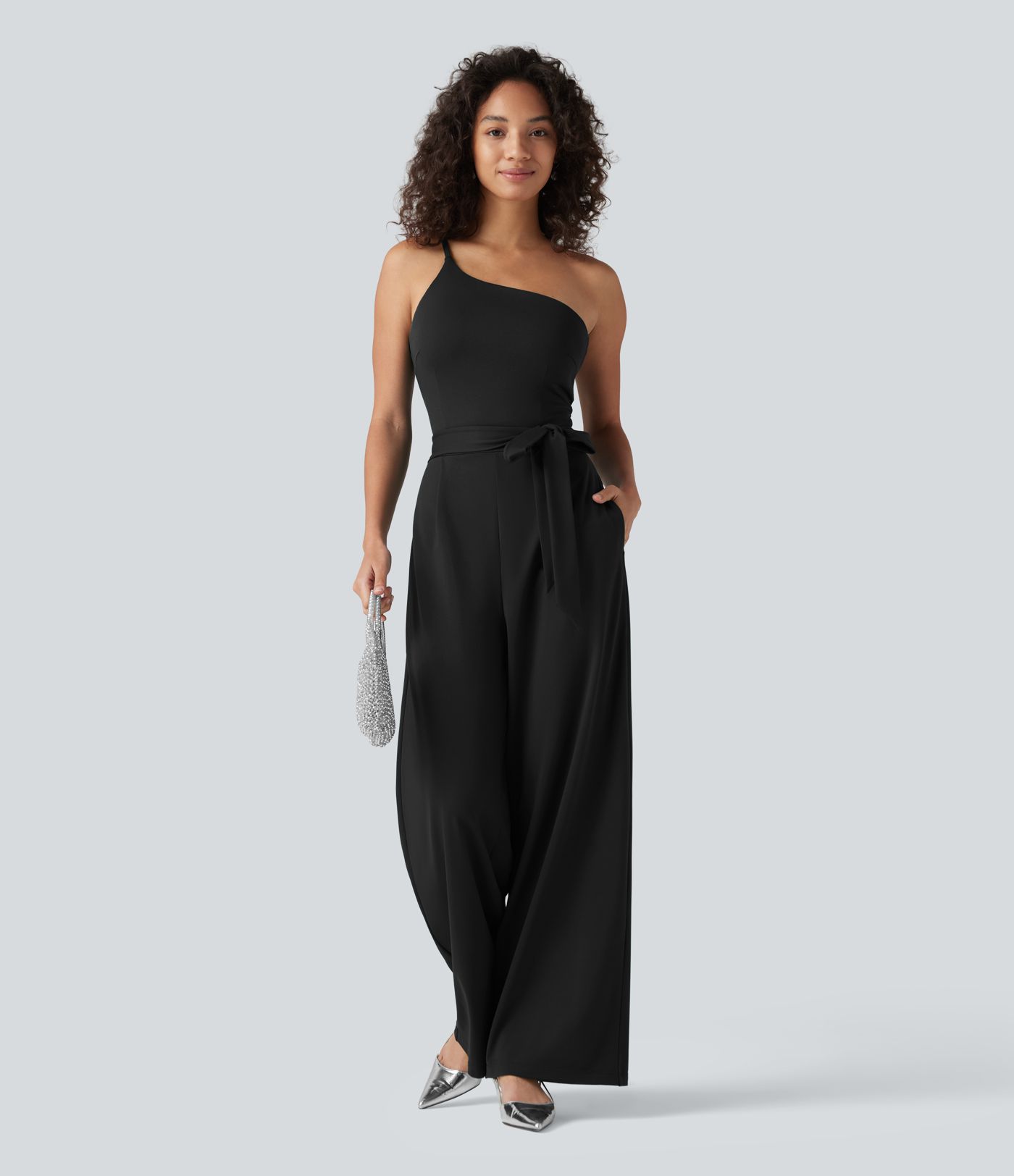 One Shoulder Sleeveless Belted Built-in Bra Party Jumpsuit with Pockets- Easy Peezy