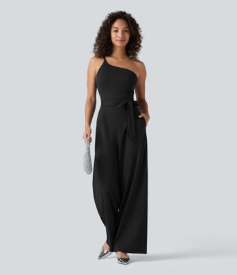 One Shoulder Sleeveless Belted Built-in Bra Party Jumpsuit with Pockets- Easy Peezy
