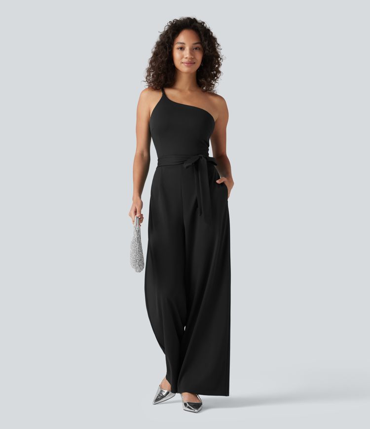 One Shoulder Sleeveless Belted Built-in Bra Party Jumpsuit with Pockets- Easy Peezy