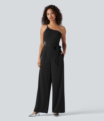 One Shoulder Sleeveless Belted Built-in Bra Party Jumpsuit with Pockets- Easy Peezy