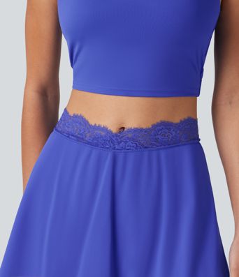 SoftlyZero™ Airy High Waisted Contrast Lace Curved Split Hem 2-in-1 Mini Tennis Skirt with Pockets-UPF50+