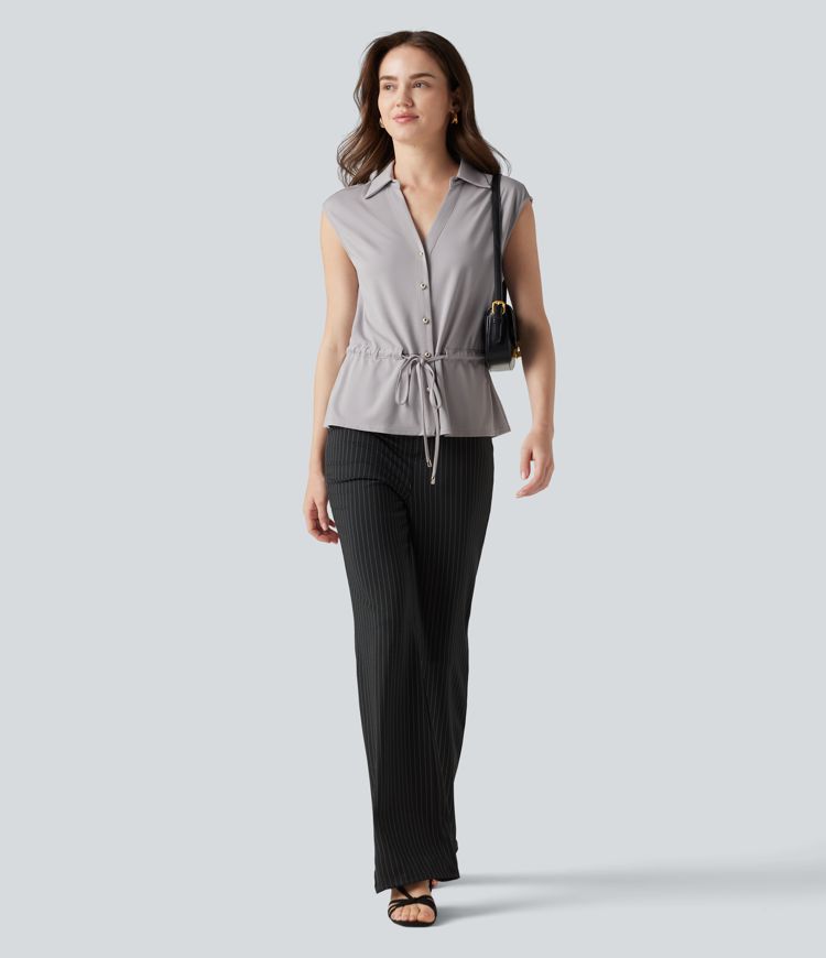 V-neck Sleeveless Button Fly Drawstring Work Shirt
