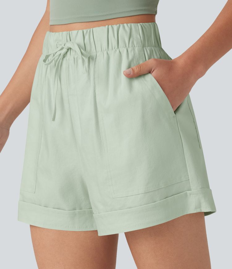 High Waisted Drawstring Rolled Hem Cotton Linen Casual Baggy Shorts with Pockets