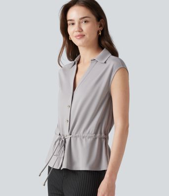 V-neck Sleeveless Button Fly Drawstring Work Shirt