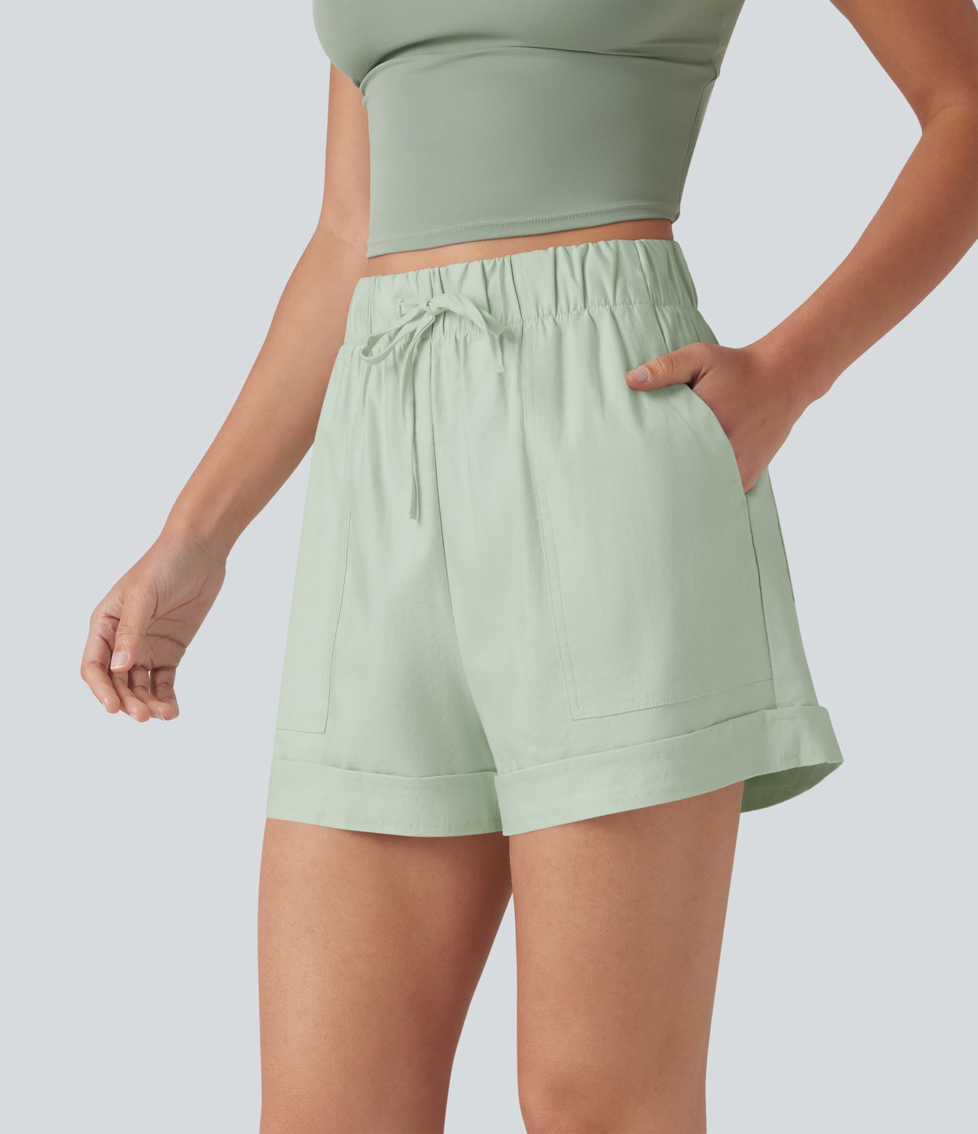 High Waisted Drawstring Rolled Hem Cotton Linen Casual Baggy Shorts with Pockets