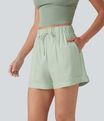 High Waisted Drawstring Rolled Hem Cotton Linen Casual Baggy Shorts with Pockets