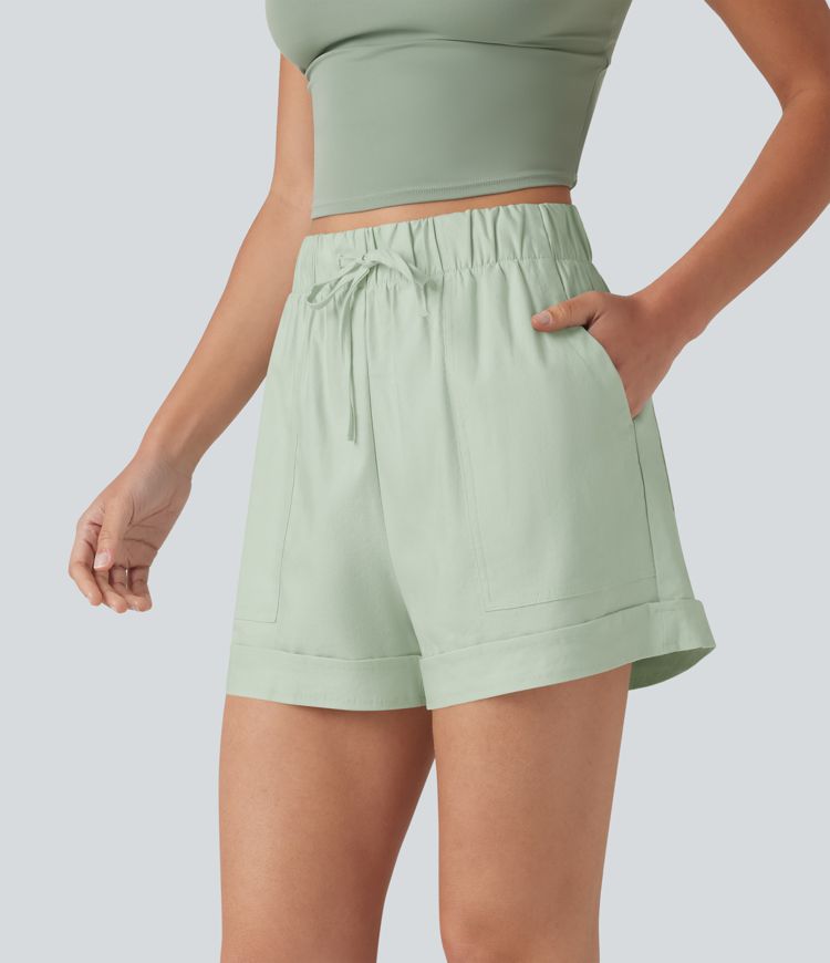 High Waisted Drawstring Rolled Hem Cotton Linen Casual Baggy Shorts with Pockets