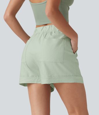 High Waisted Drawstring Rolled Hem Cotton Linen Casual Baggy Shorts with Pockets