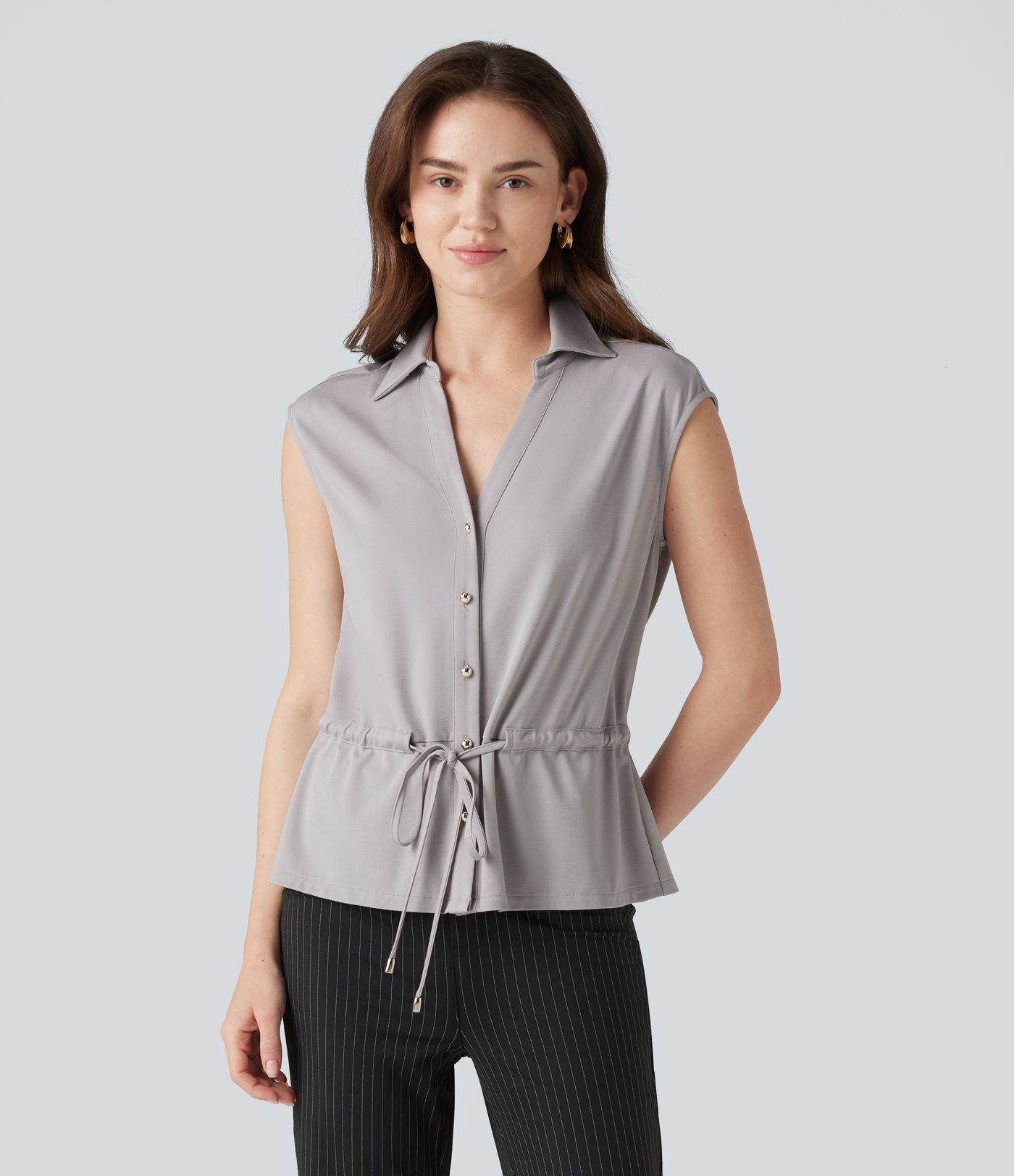 V-neck Sleeveless Button Fly Drawstring Work Shirt