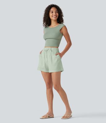 High Waisted Drawstring Rolled Hem Cotton Linen Casual Baggy Shorts with Pockets