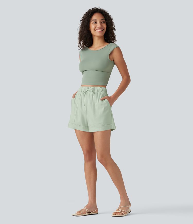 High Waisted Drawstring Rolled Hem Cotton Linen Casual Baggy Shorts with Pockets