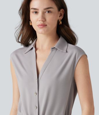 V-neck Sleeveless Button Fly Drawstring Work Shirt