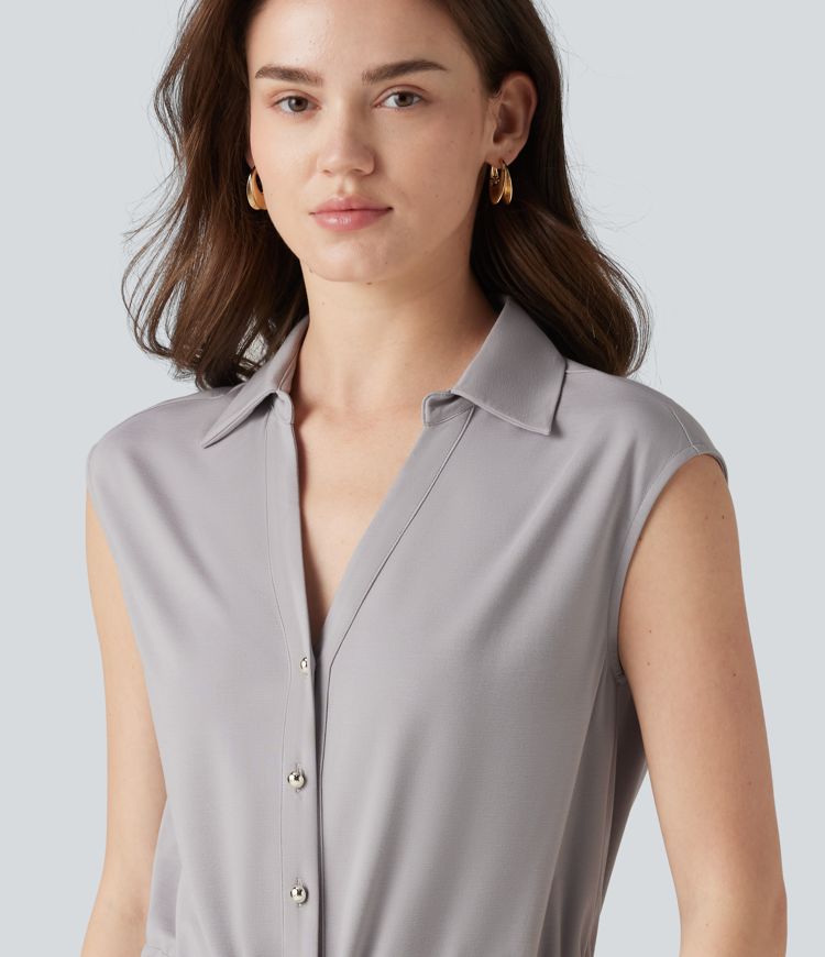 V-neck Sleeveless Button Fly Drawstring Work Shirt