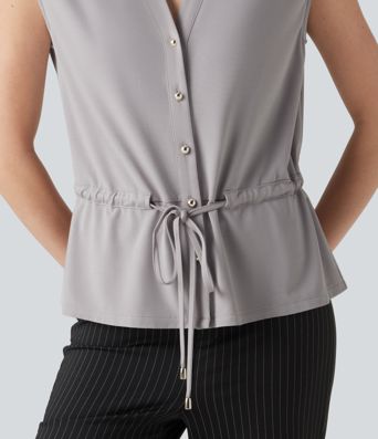 V-neck Sleeveless Button Fly Drawstring Work Shirt