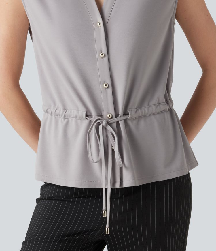 V-neck Sleeveless Button Fly Drawstring Work Shirt