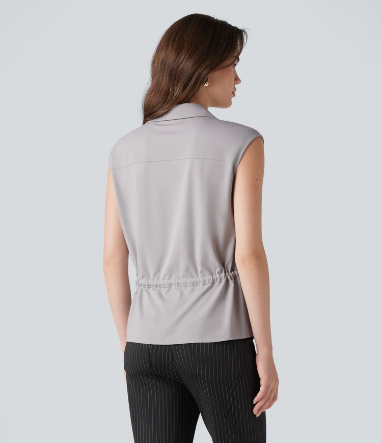 V-neck Sleeveless Button Fly Drawstring Work Shirt