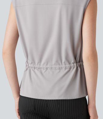 V-neck Sleeveless Button Fly Drawstring Work Shirt