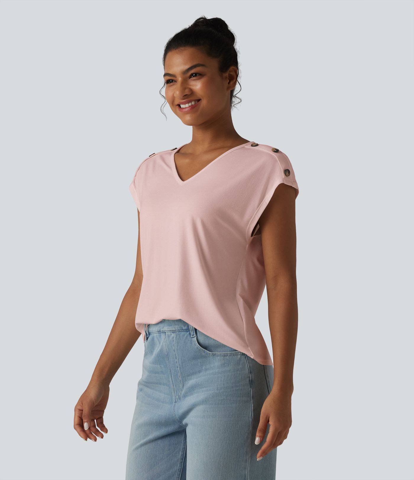 T-shirt décontracté col V manches courtes boutons décoratifs T-shirt décontracté col V manches courtes boutons décoratifs