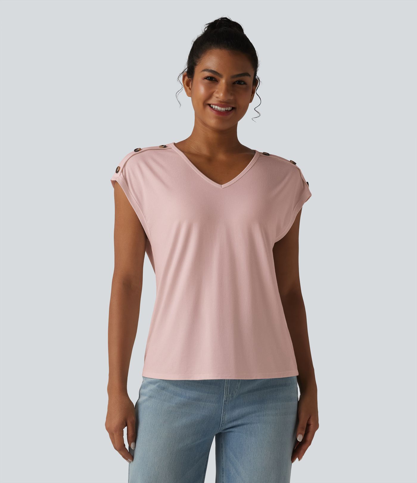 T-shirt décontracté col V manches courtes boutons décoratifs T-shirt décontracté col V manches courtes boutons décoratifs