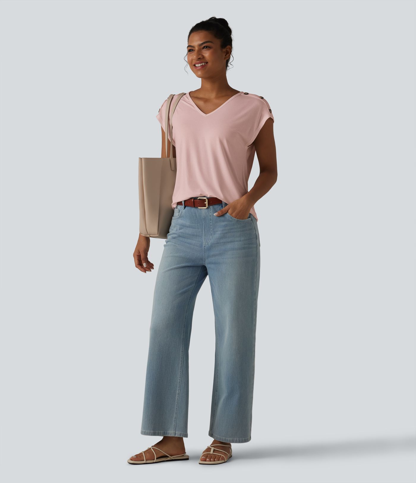 T-shirt décontracté col V manches courtes boutons décoratifs T-shirt décontracté col V manches courtes boutons décoratifs