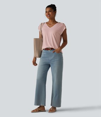 T-shirt décontracté col V manches courtes boutons décoratifs T-shirt décontracté col V manches courtes boutons décoratifs
