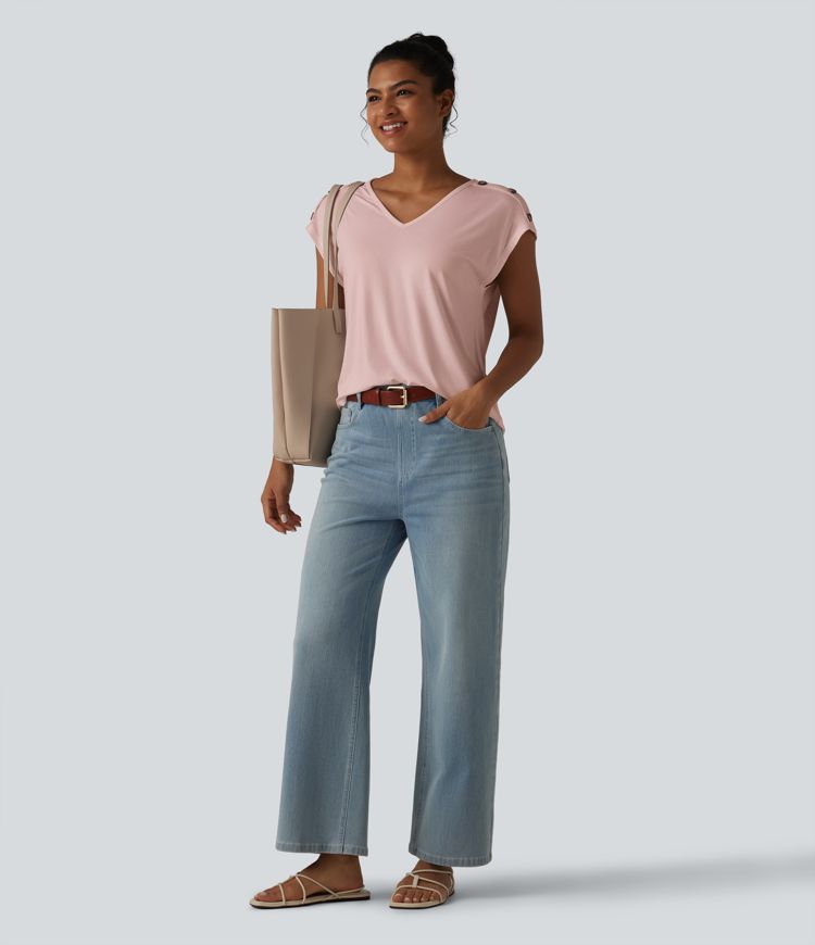 T-shirt décontracté col V manches courtes boutons décoratifs T-shirt décontracté col V manches courtes boutons décoratifs