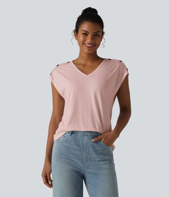 T-shirt décontracté col V manches courtes boutons décoratifs T-shirt décontracté col V manches courtes boutons décoratifs