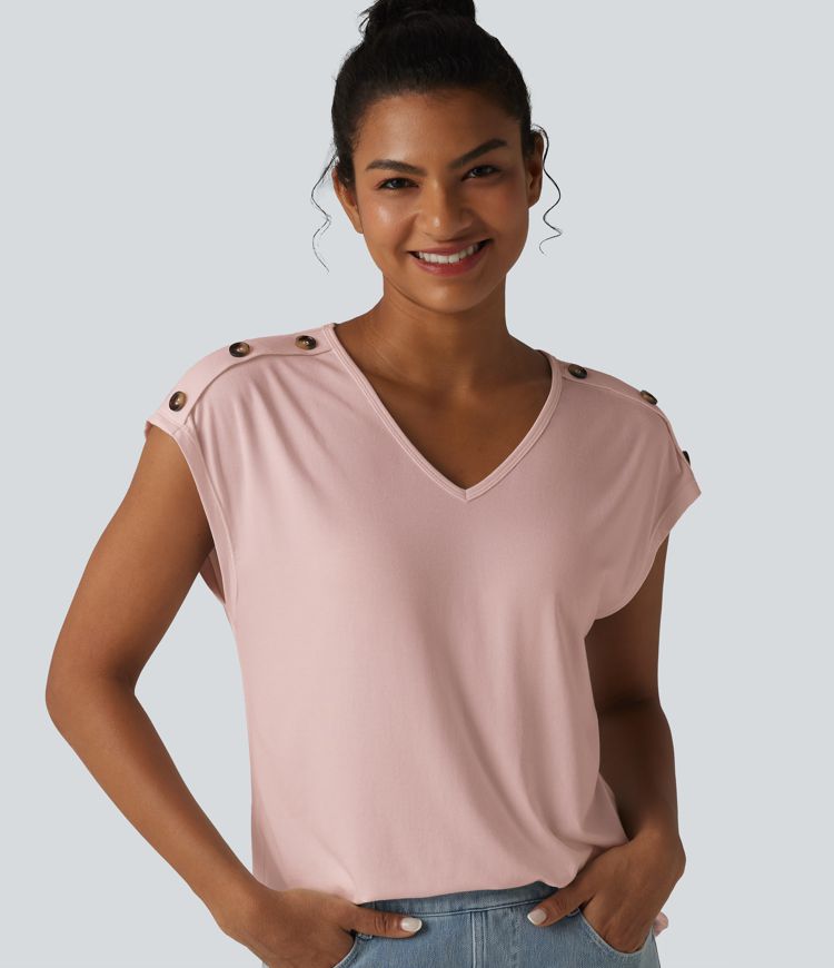 T-shirt décontracté col V manches courtes boutons décoratifs T-shirt décontracté col V manches courtes boutons décoratifs