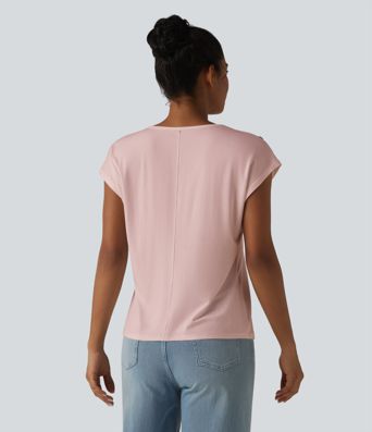 T-shirt décontracté col V manches courtes boutons décoratifs T-shirt décontracté col V manches courtes boutons décoratifs
