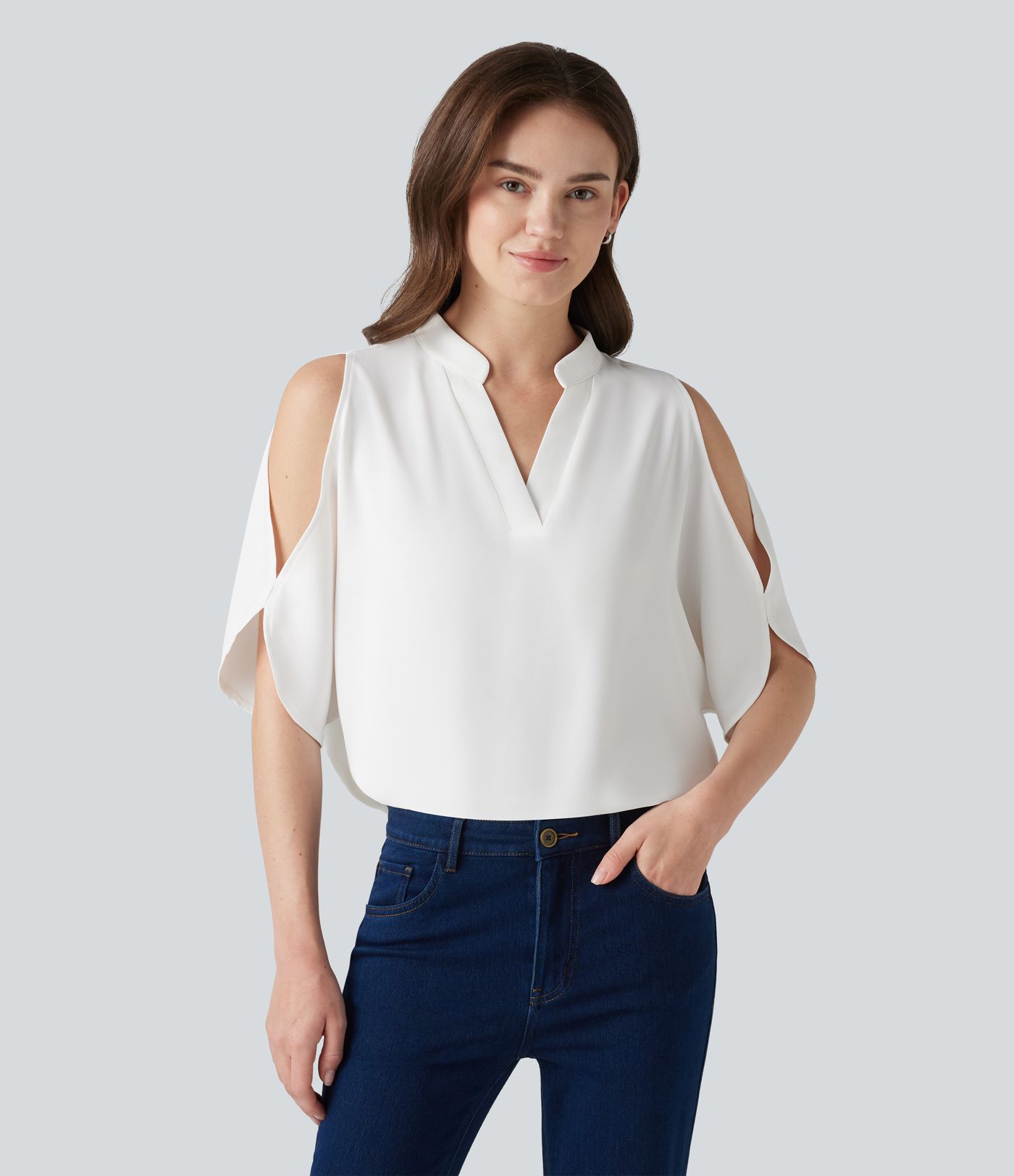 V Neck Short Sleeve Cut Out Work Blouse
