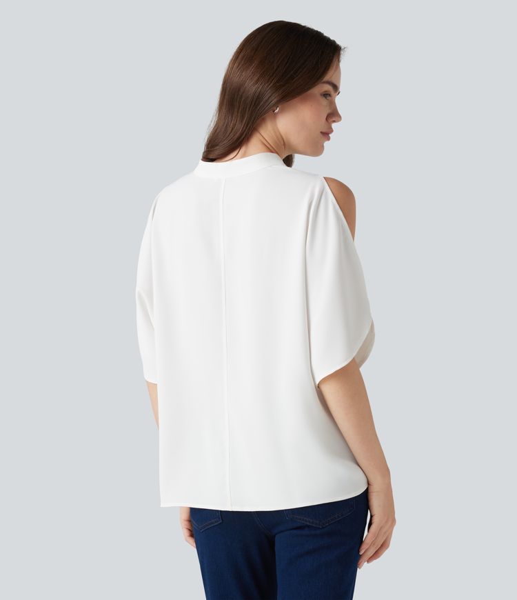 V Neck Short Sleeve Cut Out Work Blouse