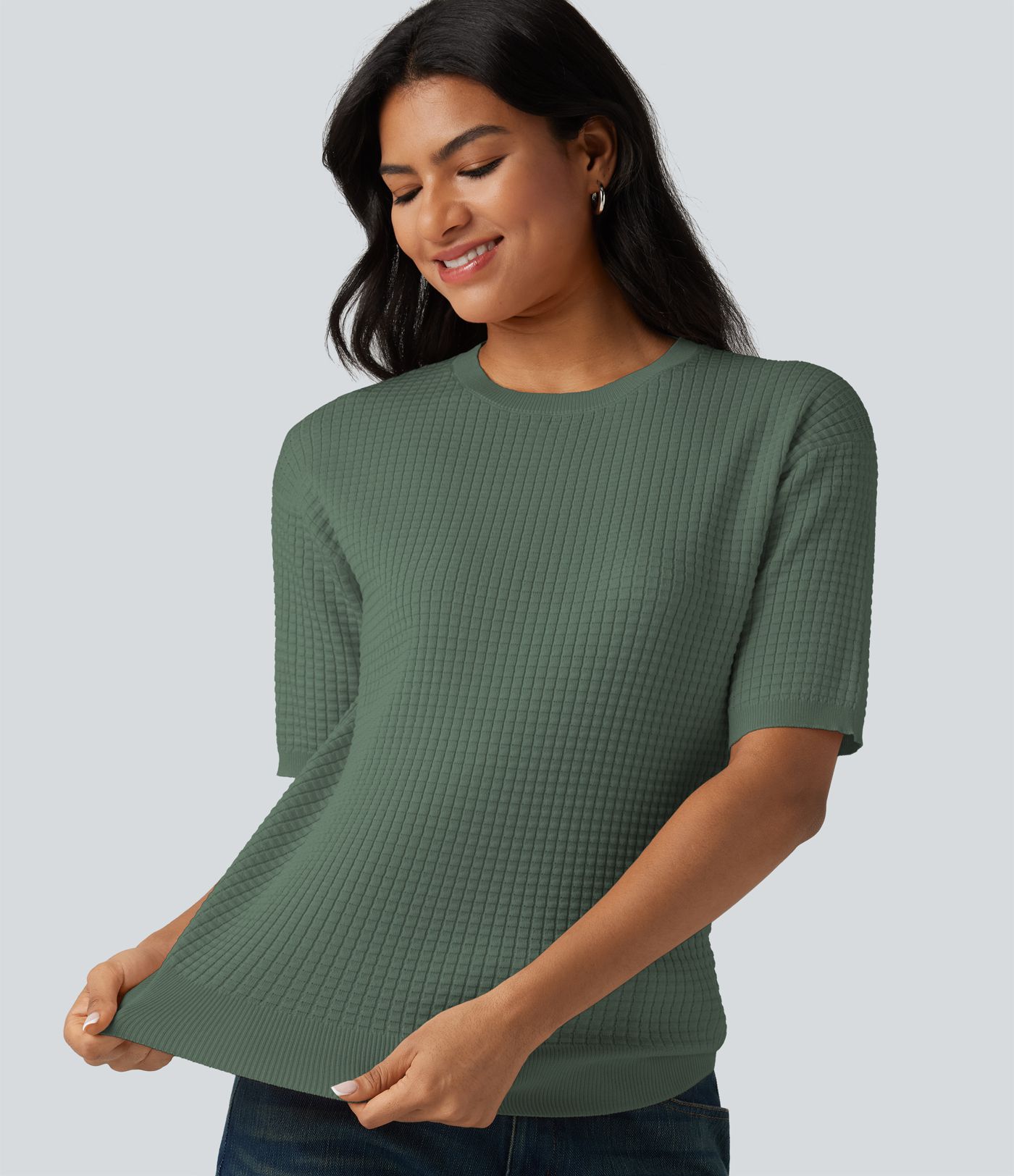 Round Neck Short Sleeve Waffle Casual Sweater