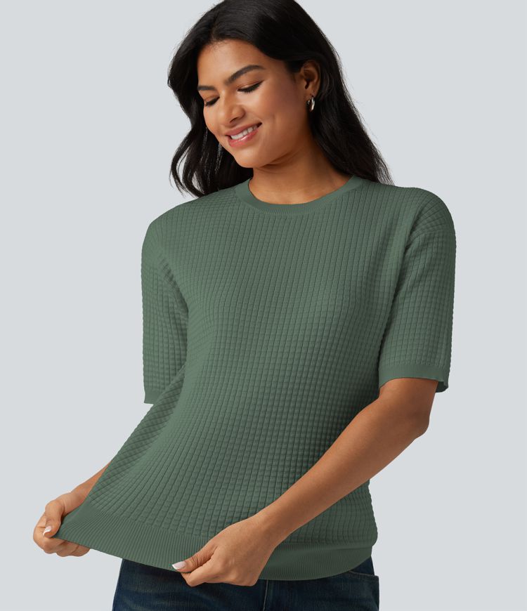 Round Neck Short Sleeve Waffle Casual Sweater