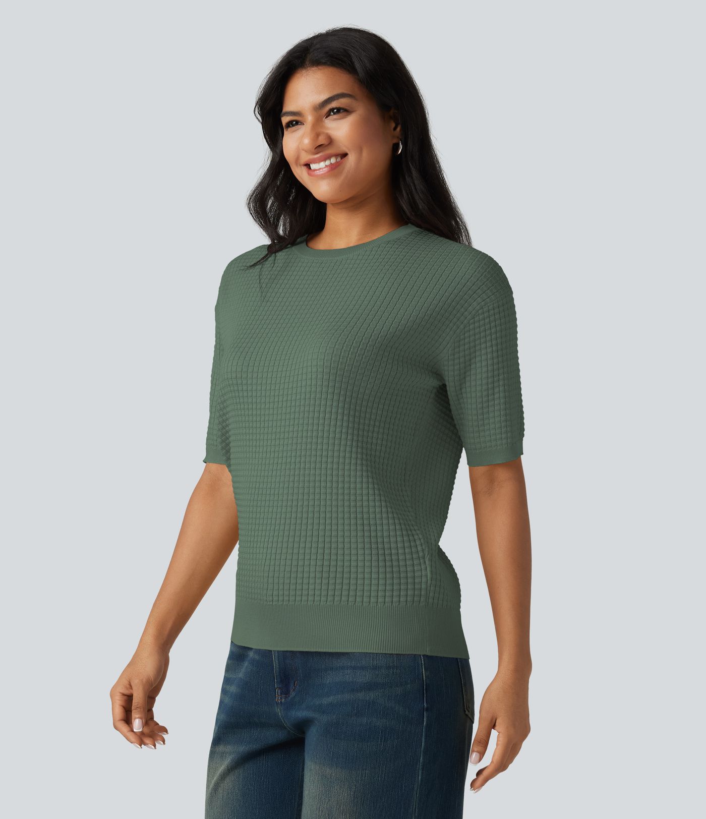 Round Neck Short Sleeve Waffle Casual Sweater