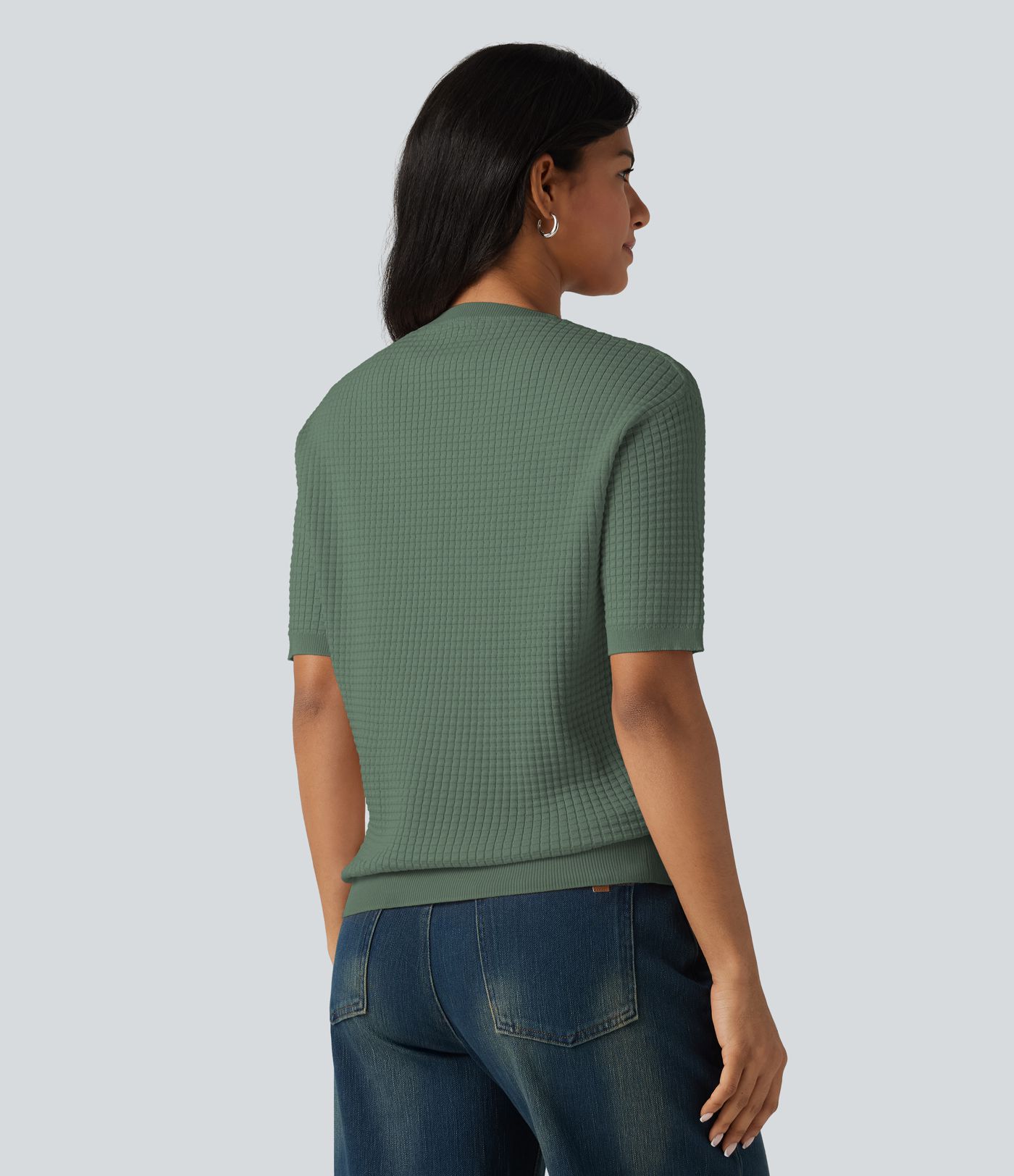 Round Neck Short Sleeve Waffle Casual Sweater