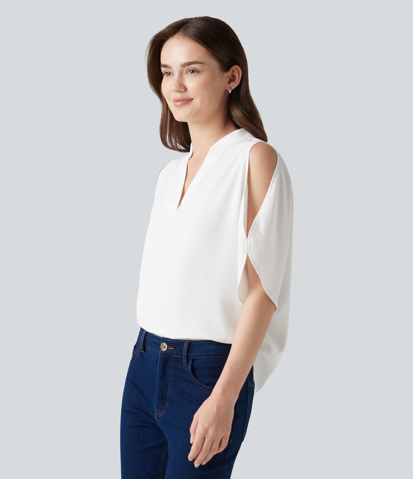 V Neck Short Sleeve Cut Out Work Blouse