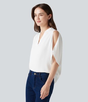 V Neck Short Sleeve Cut Out Work Blouse