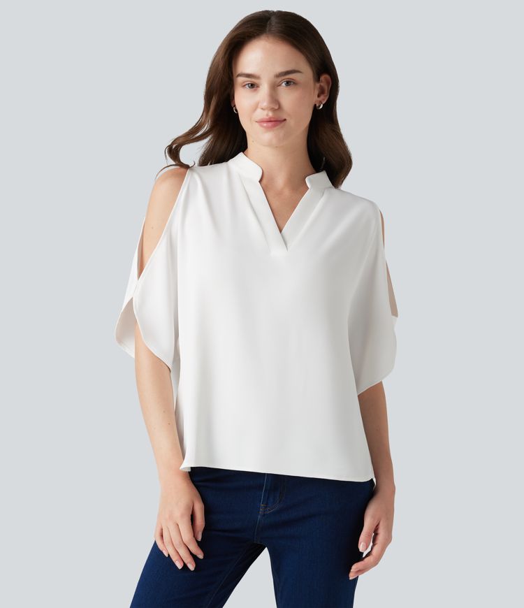 V Neck Short Sleeve Cut Out Work Blouse