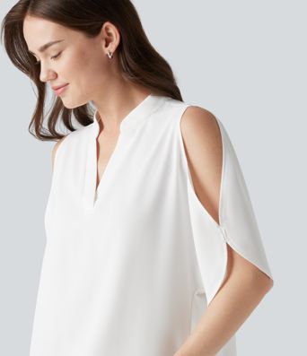 V Neck Short Sleeve Cut Out Work Blouse