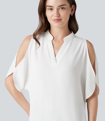 V Neck Short Sleeve Cut Out Work Blouse