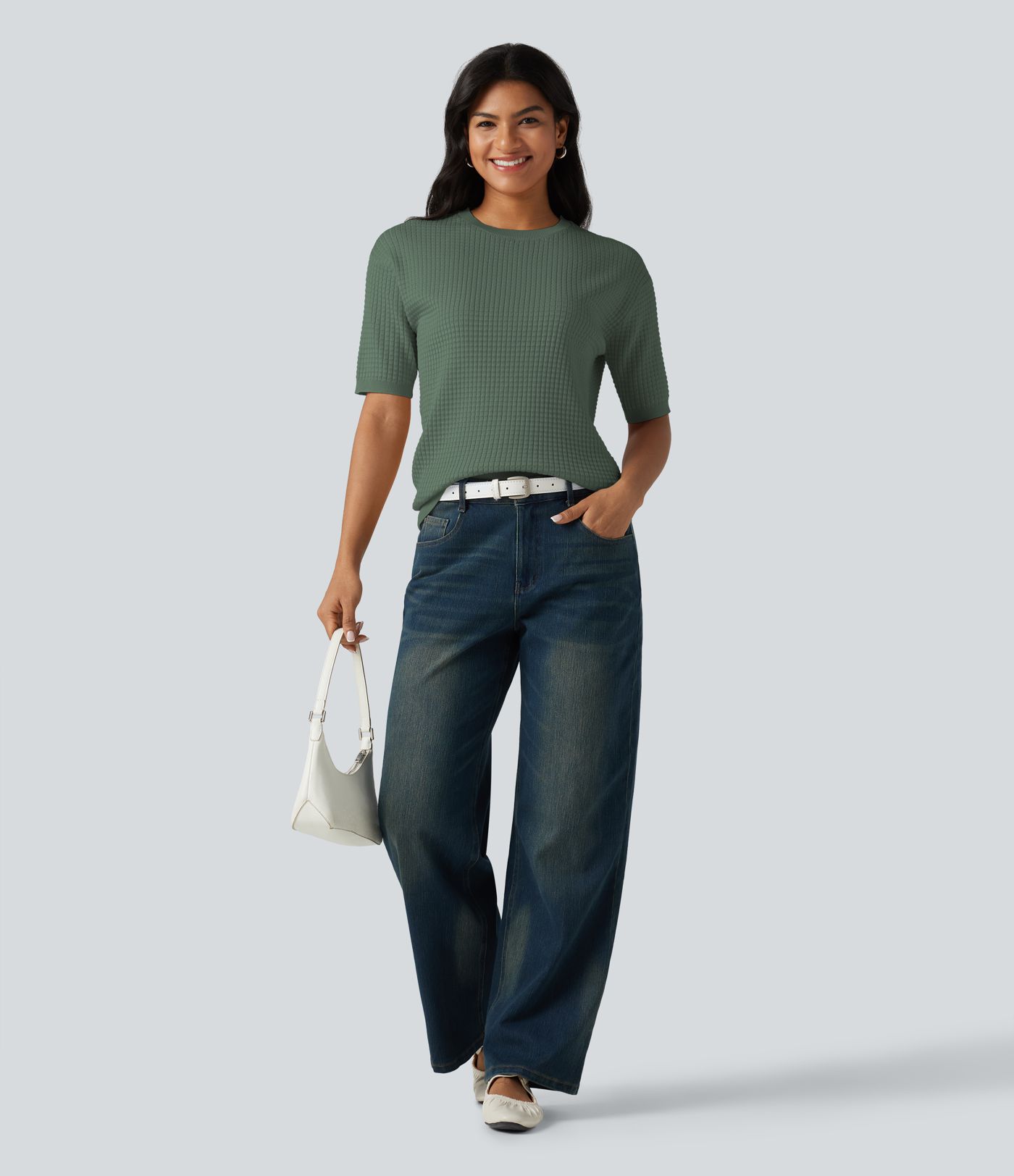 Round Neck Short Sleeve Waffle Casual Sweater