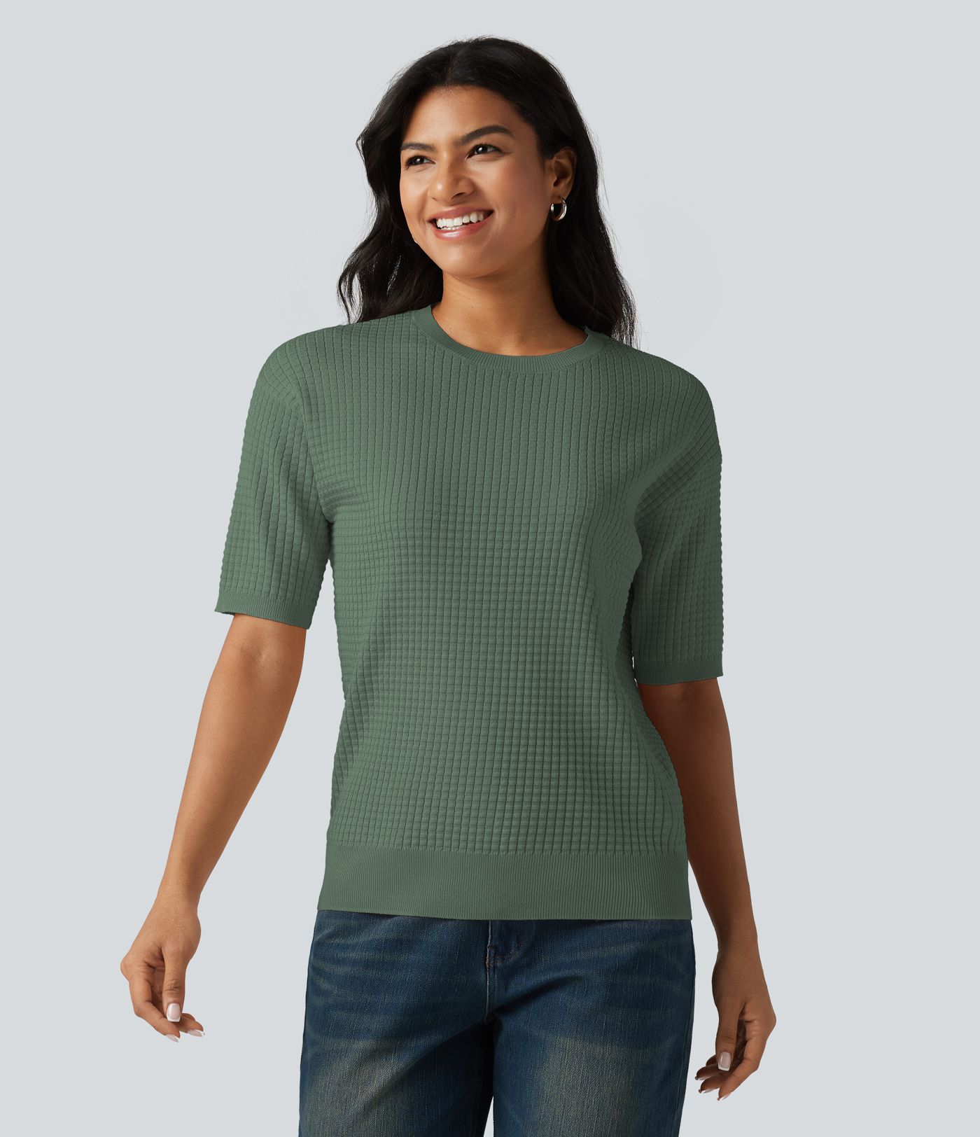 Round Neck Short Sleeve Waffle Casual Sweater