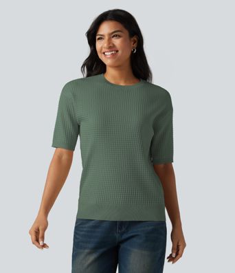 Round Neck Short Sleeve Waffle Casual Sweater